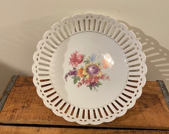 Vintage Schumann Bavaria Reticulated Porcelain Floral Dish 9.75"