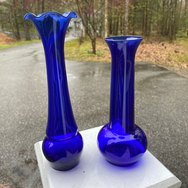 Pair of Cobalt Blue Bud Vases 9 inch and 8 inch, ruffled top