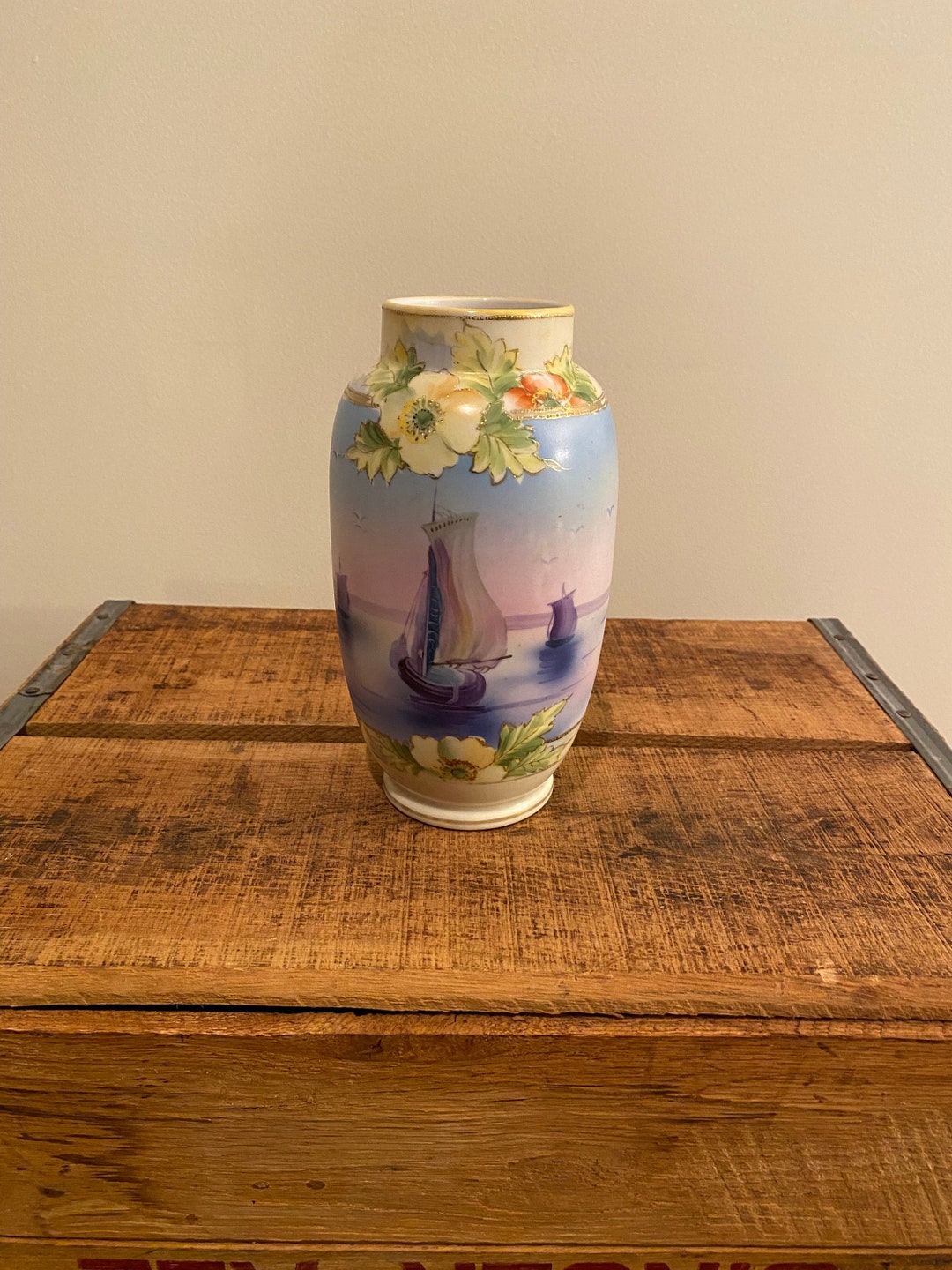 Antique Nippon Hand Painted Vase Gold Beading 7 Seascape Etsy