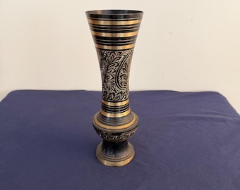 Etched Metal Black and Gold Vase 10" Tall