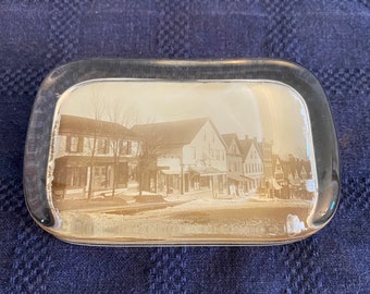 Vintage Glass Paperweight Old Main Street Photo Rectangular