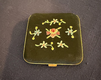 Vintage French Powder Compact With Needlepoint Floral Embroidered top