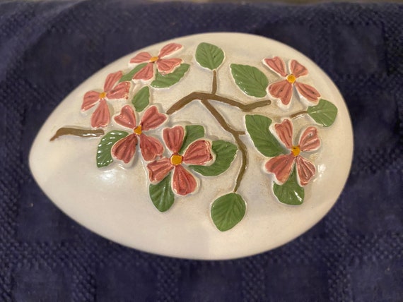 Vintage 1975 Bell Ceramics Decorated Egg Trinket Box Hand Painted and Glazed