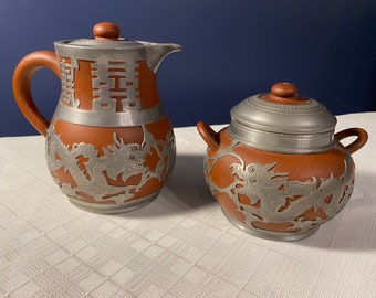 Antique Chinese Red YIXING Clay & Pewter Overlay Dragons Sugar and Creamer Set