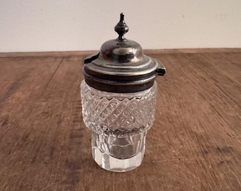 Antique Cut Glass Condiment Jar with Silver Plated Lid Unmarked 3"