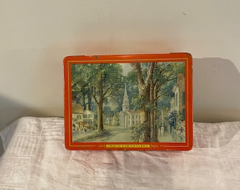 Vintage Candy Tin from Allen's In Old New England Scene Webster, MA and New York