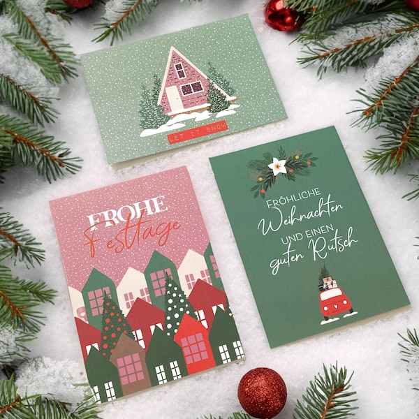 Farbenfrohes Weihnachtskarten-Set 3 Stück | modern | Festtagsgrüße | guter Rutsch | Frohe Weihnachten | Frohe Festtage | let it snow