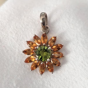 Peridot Center and Citrine Marquise Halo Sunflower Pendant, Natural Gemstone Floral Pendant, Sunflower Necklace in 925 silver for Giftingt
