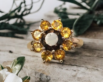 Smoky quartz sunflower ring round cut unique engagement ring Smokey Quartz with citrine Ring November birthstone Ring in 925 sterling silver