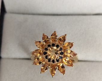 Citrine Sunflower Ring In 925 Sterling silver Plated Yellow Gold Sunflower Cluster gemstone Cocktail Rings for Her
