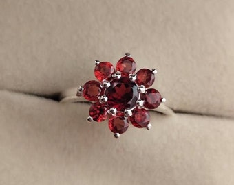 May include: A silver ring with a red gemstone center surrounded by smaller red gemstones in a flower shape.