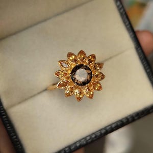 Smoky quartz sunflower ring round cut unique engagement ring Smokey Quartz with citrine Marquise cluster Ring in 14k Gold Plated for Her