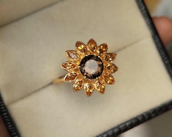 Smoky quartz sunflower ring round cut unique engagement ring Smokey Quartz with citrine Marquise cluster Ring in 14k Gold Plated for Her