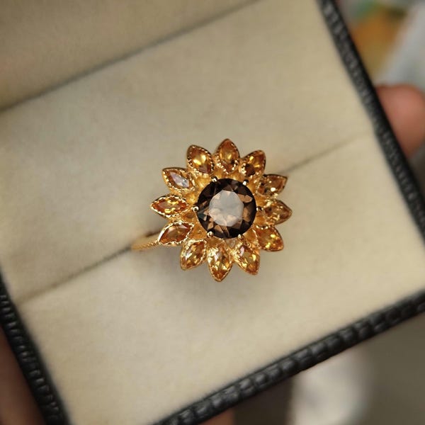 Smoky quartz sunflower ring round cut unique engagement ring Smokey Quartz with citrine Marquise cluster Ring in 14k Gold Plated for Her