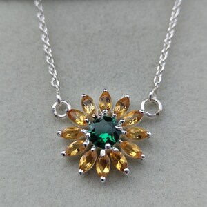 Emerald and Citrine Sunflower Necklace in 925 sterling silver Round Emerald with Marquise Cluster Necklace for Her