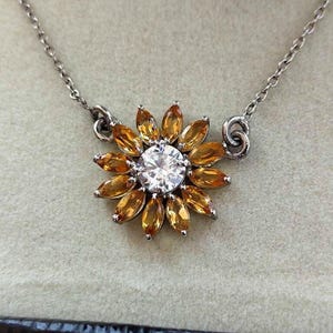 Moissanite Center Citrine Flower Necklace Round Citrine Cluster Flower Pendant Sunflower Gemstone Necklace for her Anniversary Gifts