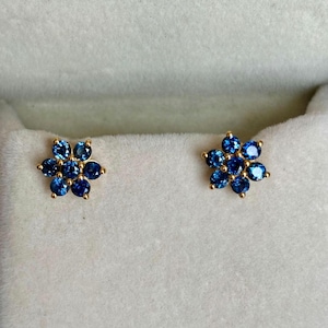 Blue Sapphire Floral Cluster Studs in 14k Yellow Gold Natural Australian Sapphire Stud Earrings for Her Blueberry Sapphire Studs for Women