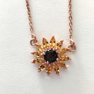 Sunflower Citrine Necklace in Rose Gold Natural Citrine and Smokey Necklace In 925 sterling silver Citrine Marquise Floral Necklace for her