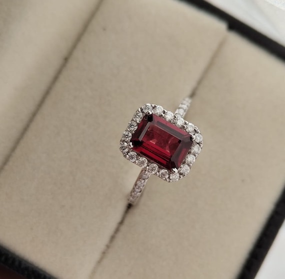 Garnet Rectangle Moissanite Halo Ring in Silver Emerald cut Garnet Ring for January Birthstone Gift Garnet Silver Ring for Women