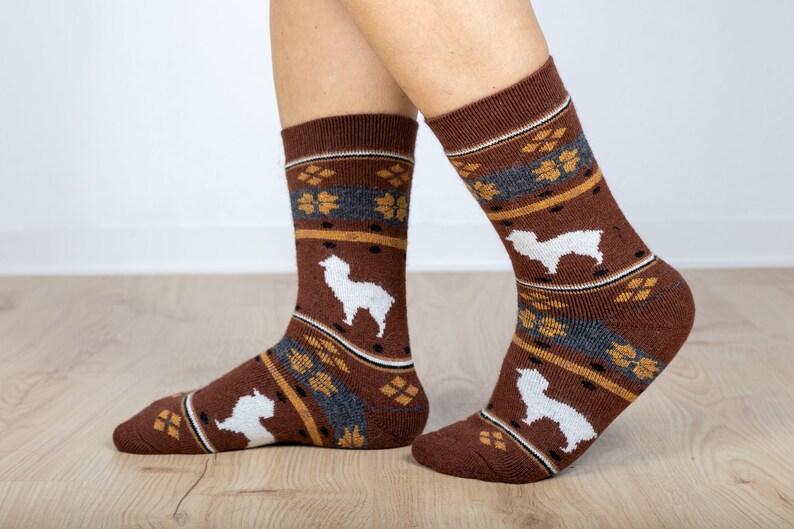 Pu&ograve; includere: Calze marroni con un motivo di alpaca bianco. Le calze hanno un design geometrico marrone, grigio e giallo.