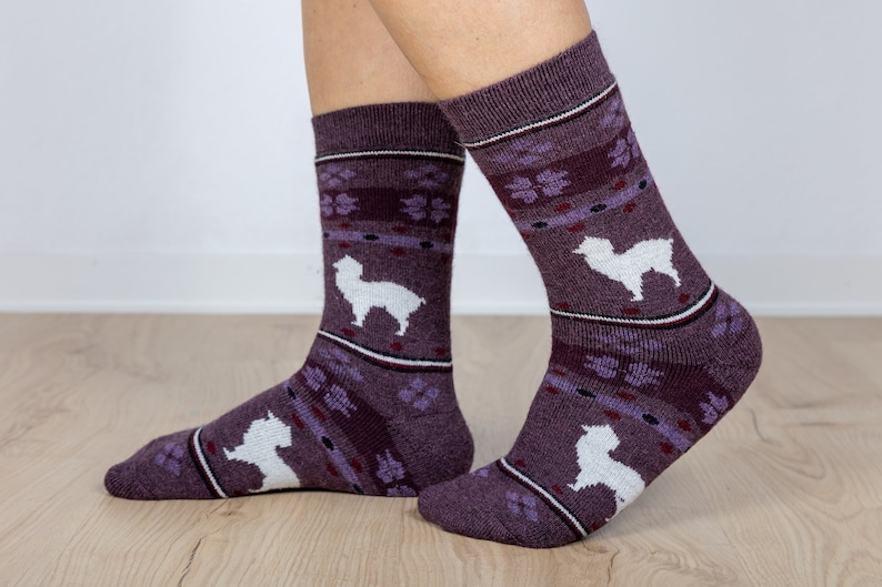 Pu&ograve; includere: Un paio di calzini viola con un design di alpaca bianco. I calzini hanno un design viola e bianco.