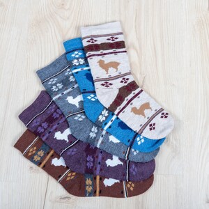 Pu&ograve; includere: Cinque paia di calzini con un designo a motivi che presenta un piccolo animale. I calzini sono in tonalit&agrave; marrone, viola, grigio, blu e bianco.