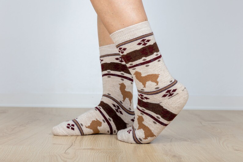 Pu&ograve; includere: Un paio di calzini beige con un motivo marrone e bordeaux che presenta una silhouette di alpaca. I calzini sono realizzati in un materiale morbido e confortevole.