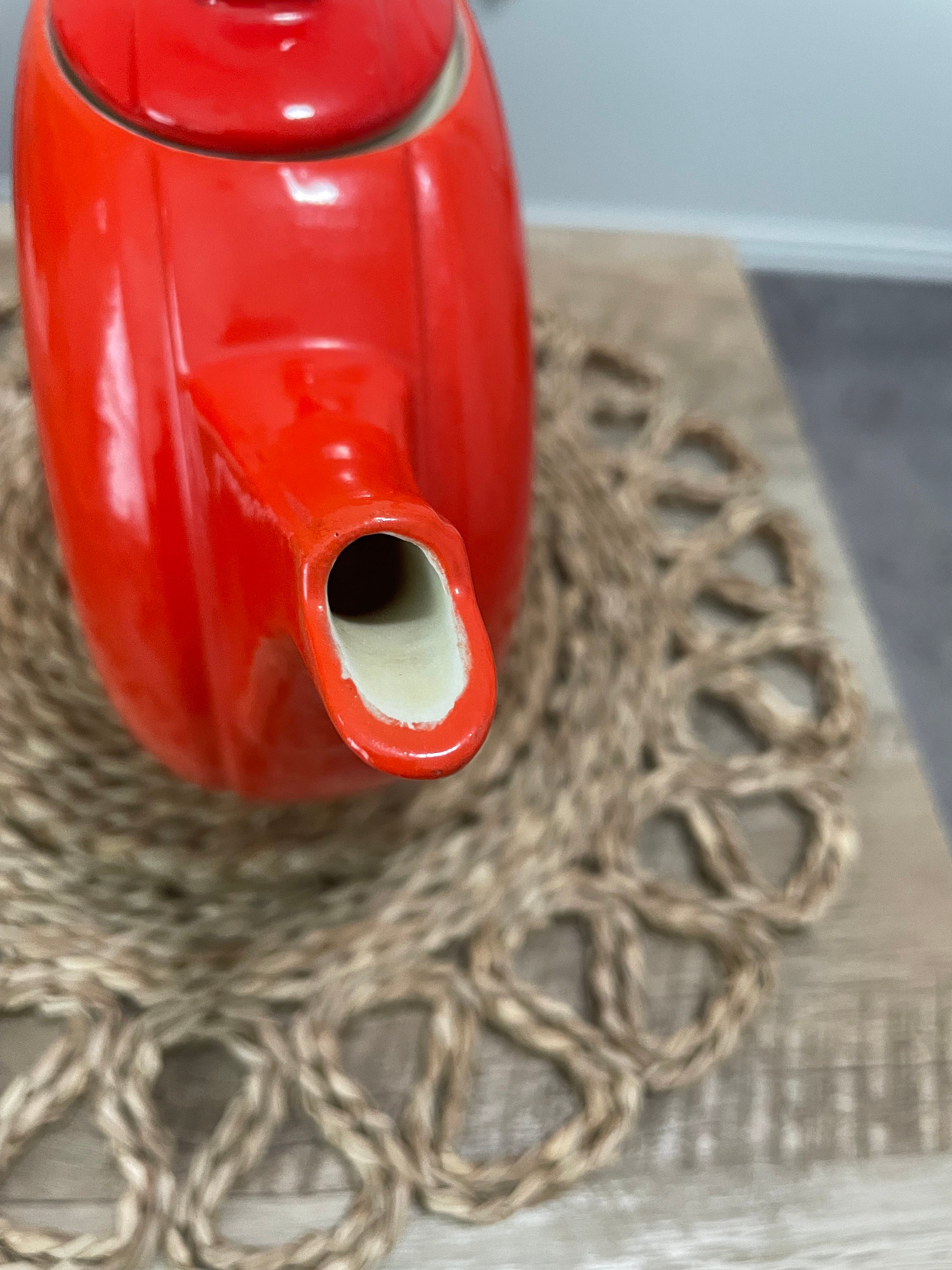 Unique Art Deco Chinese Red Doughnut Pottery Tea Pot by Halls Superior