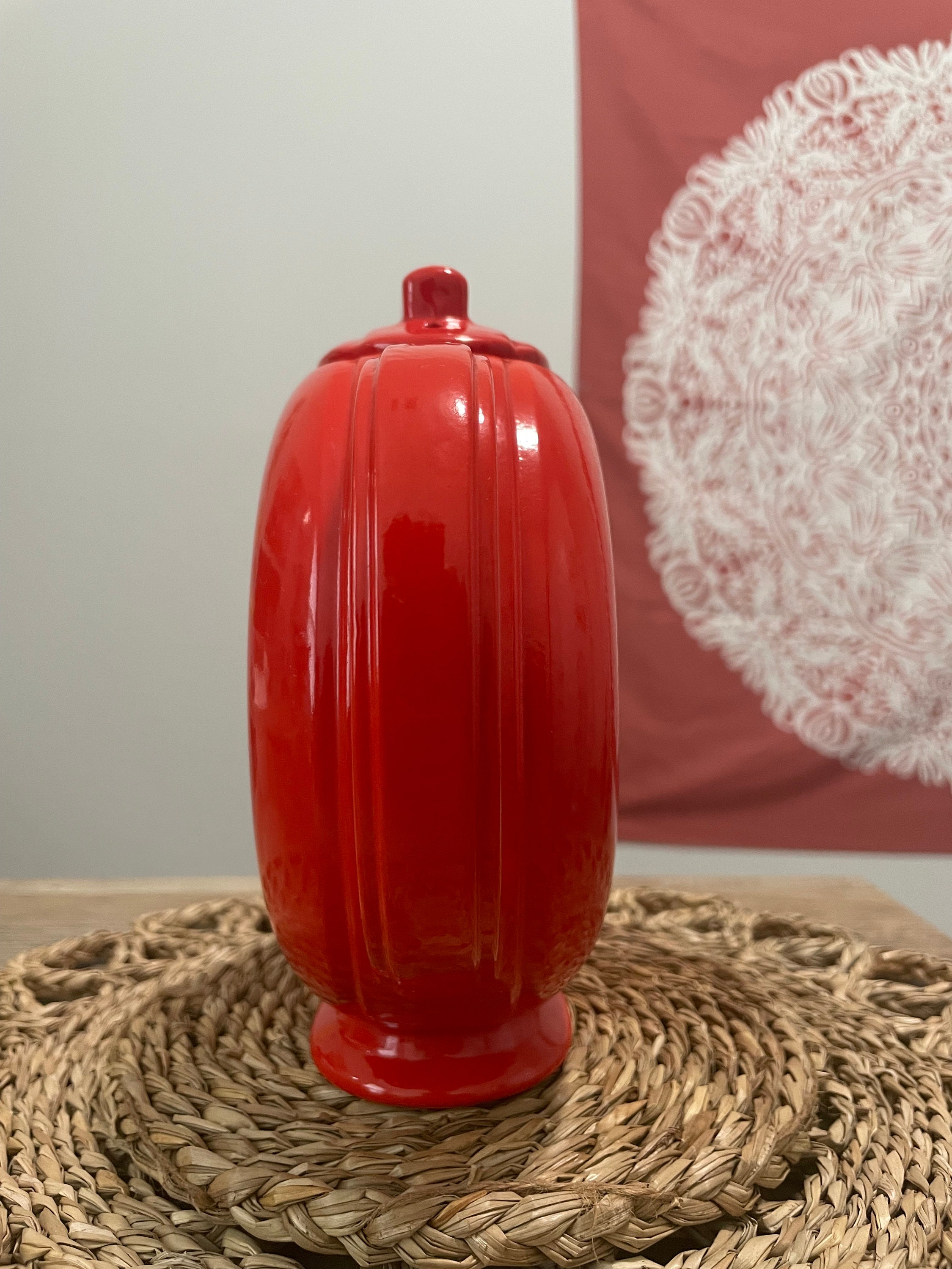 Unique Art Deco Chinese Red Doughnut Pottery Tea Pot by Halls Superior