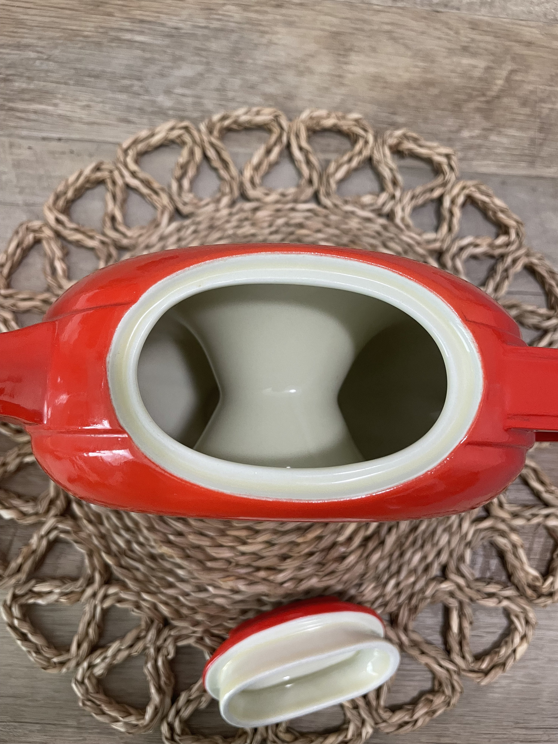 Unique Art Deco Chinese Red Doughnut Pottery Tea Pot by Halls Superior