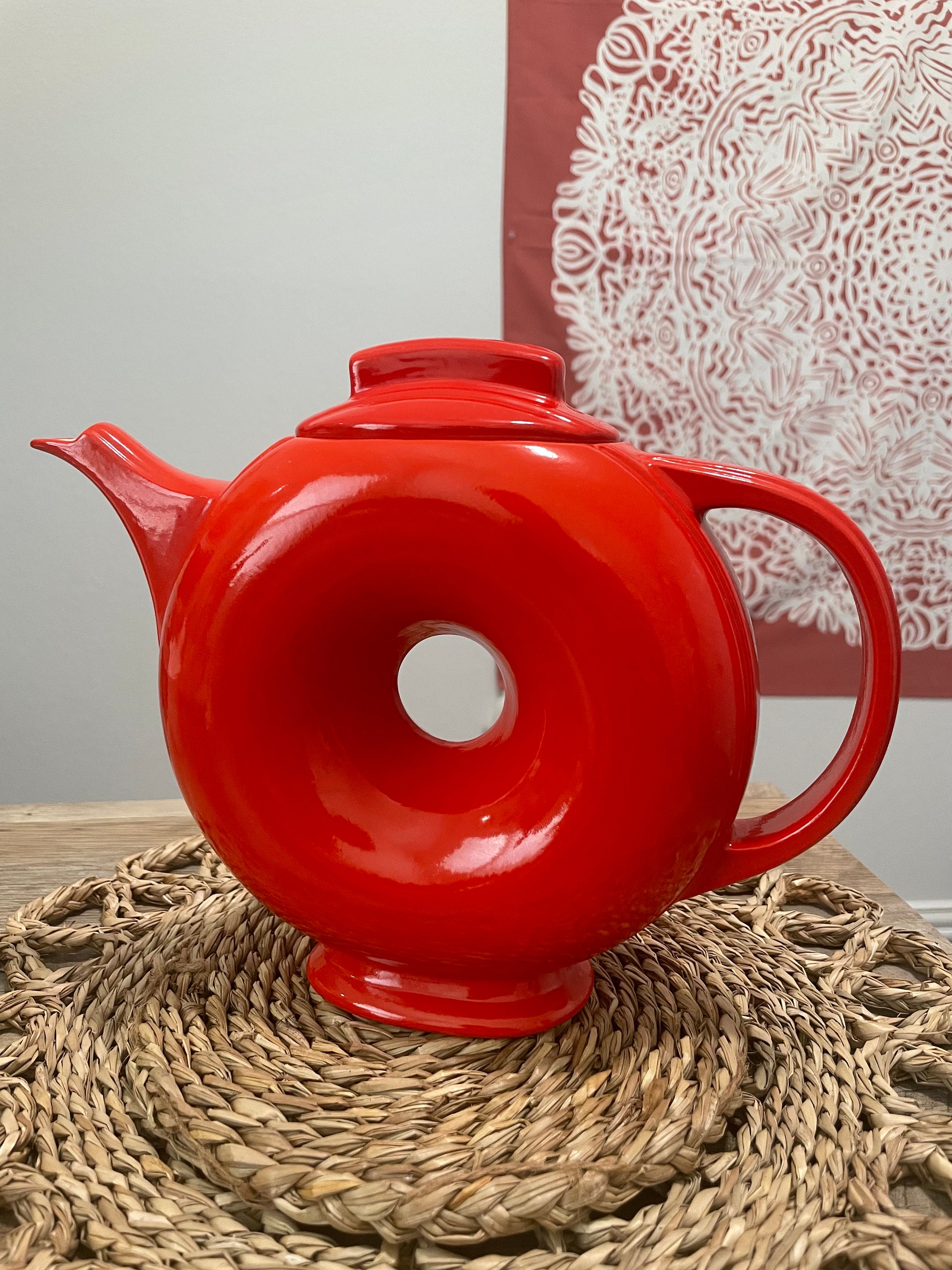 Unique Art Deco Chinese Red Doughnut Pottery Tea Pot by Halls Superior
