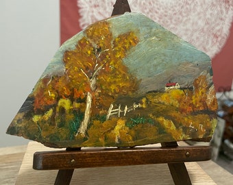 Country side fall Oil painting on stone signed by artist L.R. Comes with isle 6.5 x 5