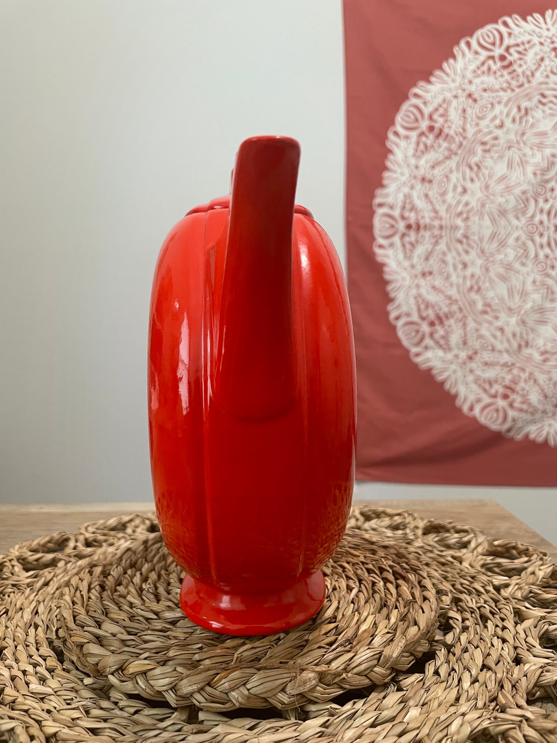 Unique Art Deco Chinese Red Doughnut Pottery Tea Pot by Halls Superior