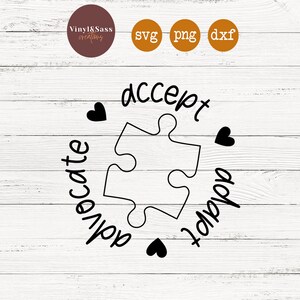 May include: Black and white graphic design with a puzzle piece in the center and the words "accept, advocate, adapt" around the puzzle piece. There are three black hearts around the puzzle piece.
