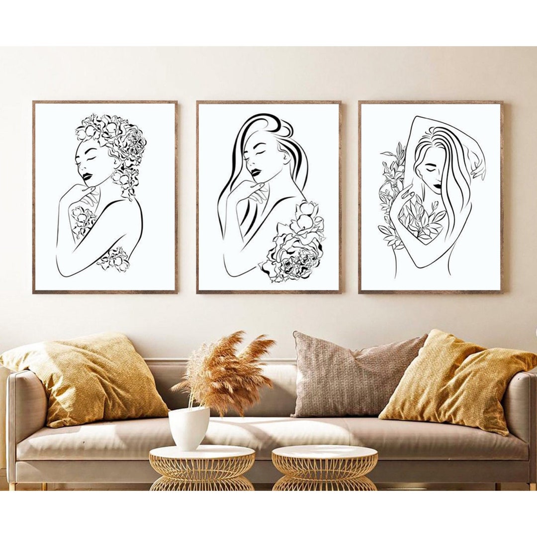 Minimalist Wall Art, Single Line Art Print Woman With Flowers, Female ...