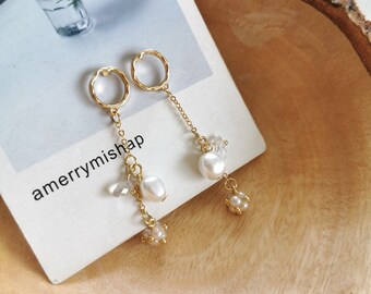 Pearl dangle earrings, Minimalist earrings, Bridesmaid earrings, Bridal earrings, Unique gifts, Dainty earrings,