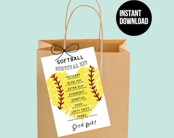 Instant Download Softball Survival Kit Bag Tag Printable Softball Team Gift Tag Softball Gifts for Team Softball Gift Printable Tag