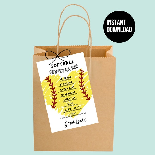Instant Download Softball Survival Kit Bag Tag Printable Softball Team Gift Tag Softball Gifts for Team Softball Gift Printable Tag