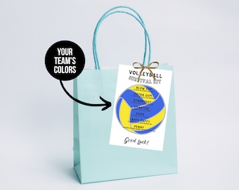 Pode incluir: Uma bola de voleibol azul e amarela com uma lista de itens dentro, como pirulito, chiclete, Starburst, Smarties, batatas fritas, Laffy Taffy e um centavo. O texto diz "Kit de sobrevivência de voleibol" e "Boa sorte!"