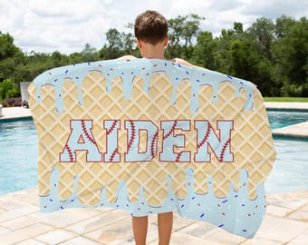 Personalized Ice Cream Drip Baseball Beach Towel For Boys, Custom Beach Towel, Pool Towel Boys Birthday Gift, Team Gift, Youth Baseball Gift