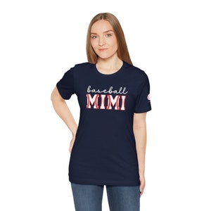 Baseball Mimi Shirt Mimi Tshirt Personalized Sleeve with Baseball Player's Name Custom Tshirt Gift for Mimi Gift Game Day Baseball Gift shown in navy