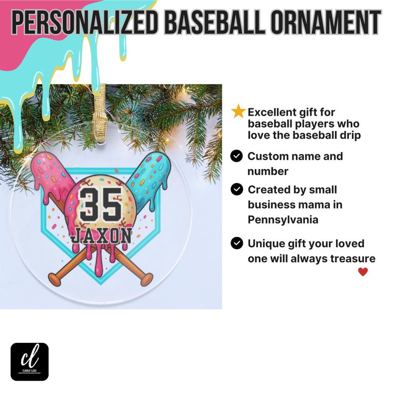 May include: A clear, round baseball ornament with a baseball-themed design. The ornament features a baseball with the number "35" and the name "JAXON". Two crossed bats are below the baseball. The ornament has a gold string for hanging.