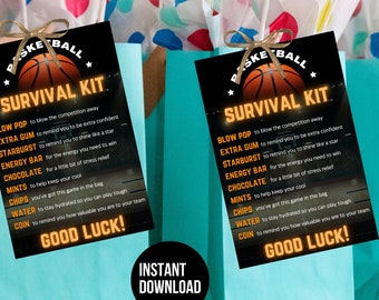May include: A printable basketball survival kit with a list of items to help you win the game. The items include a low pop, extra gum, starburst, energy bar, chocolate, mints, chips, water, and a coin. The text "Good Luck!" is at the bottom of the card.