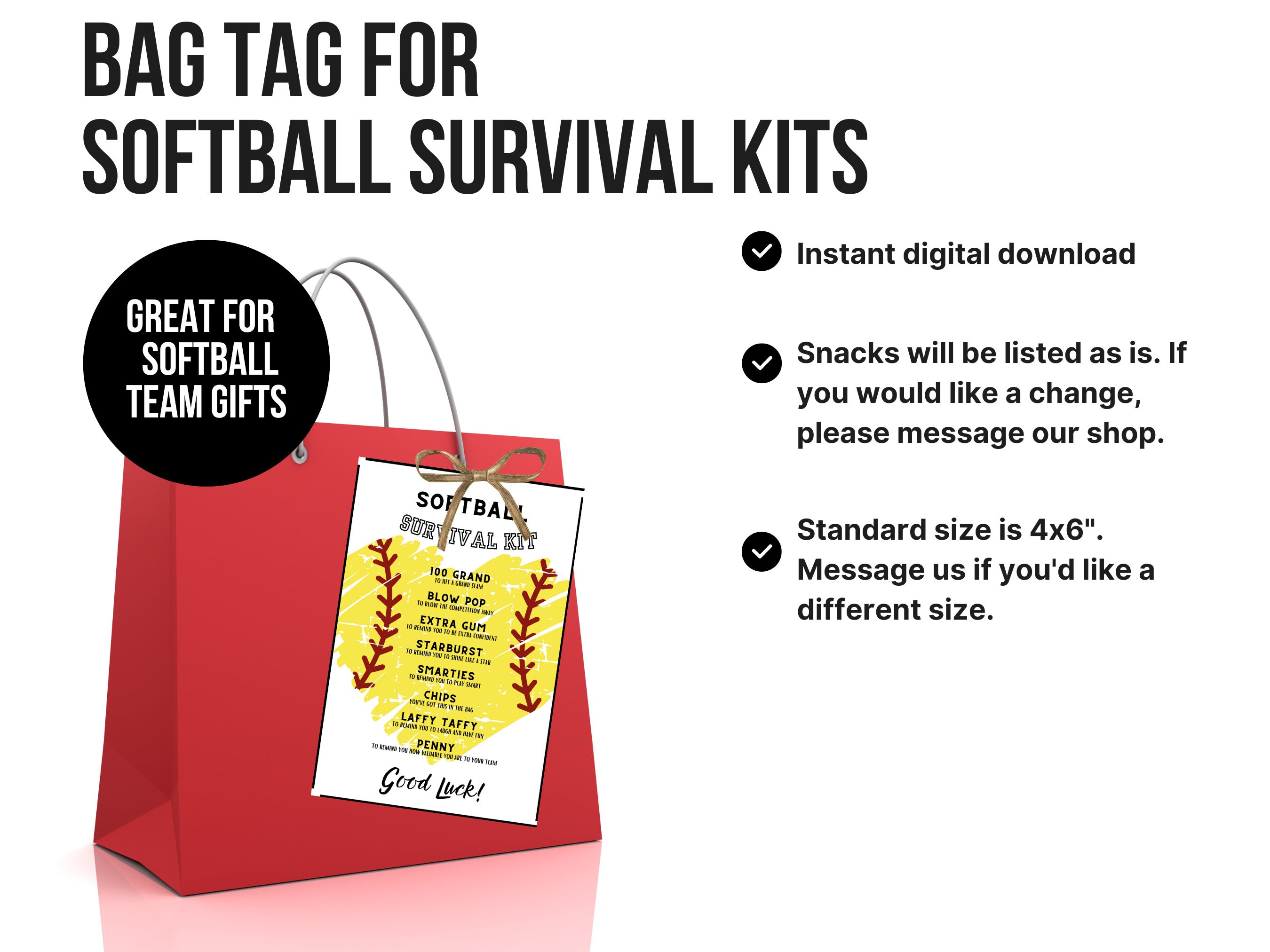 Instant Download Softball Survival Kit Bag Tag Printable Softball Team
