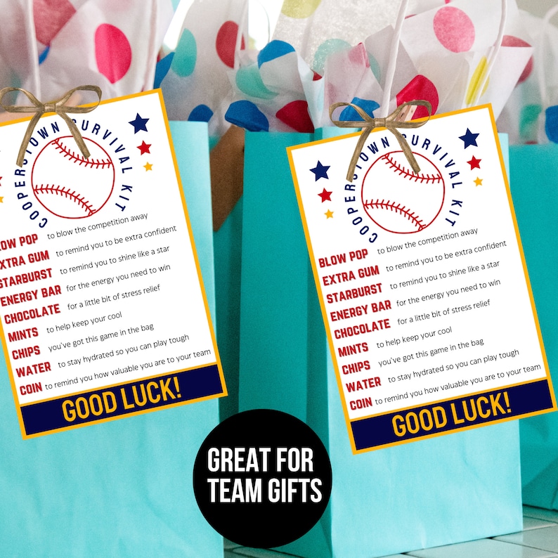 Cooperstown Survival Kit Bag Tag Printable Good Luck Tags Baseball Team Gifts Baseball Gifts Baseball Printable Tag Good Luck Gift Tags