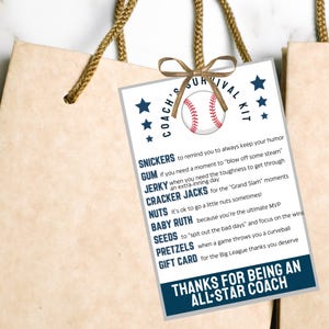 Baseball Coach Survival Kit printable with baseball-themed treat sayings for coaches