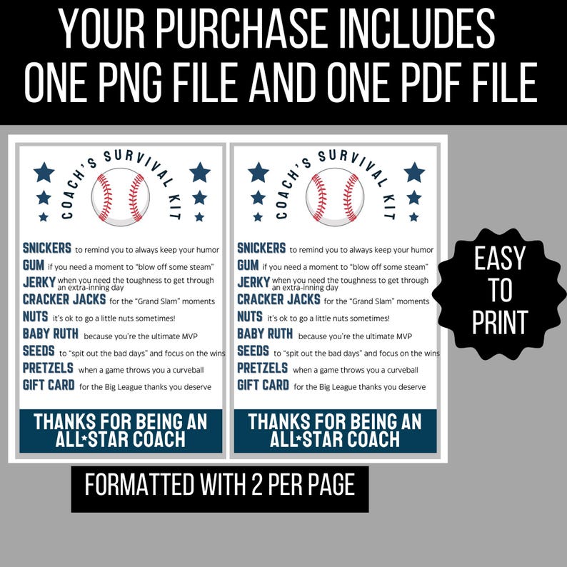 DIY baseball coach appreciation gift with printable PDF and PNG files