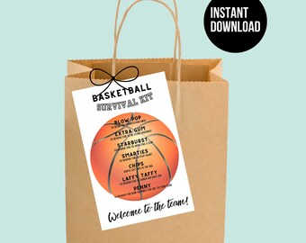 May include: A brown paper bag with a white tag that says "Basketball Survival Kit" with a basketball graphic and a list of items: Blow Pop, Extra Gum, Starburst, Smarties, Chips, Laffy Taffy, Penny. The tag also says "Welcome to the team!"
