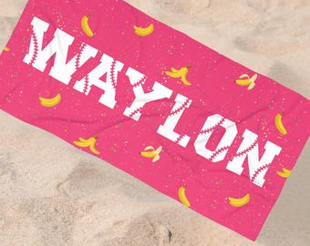 Personalized Baseball Banana Pool Towel, Custom Team Name Beach Towel, Name Gift, Summer Baseball Towel, Baseball Player Gift End of Season