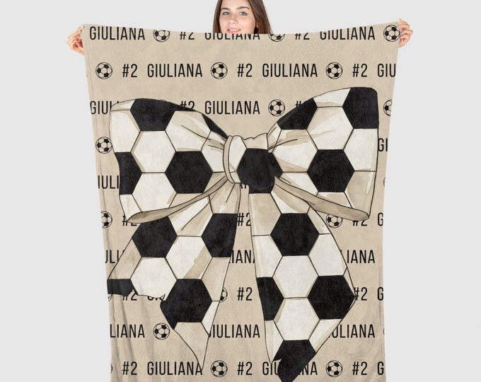 Custom Coquette Bow Soccer Blanket Coquette Blanket Personalized Name Blanket Custom Soccer Gifts Girls Soccer Decor Soccer Mama